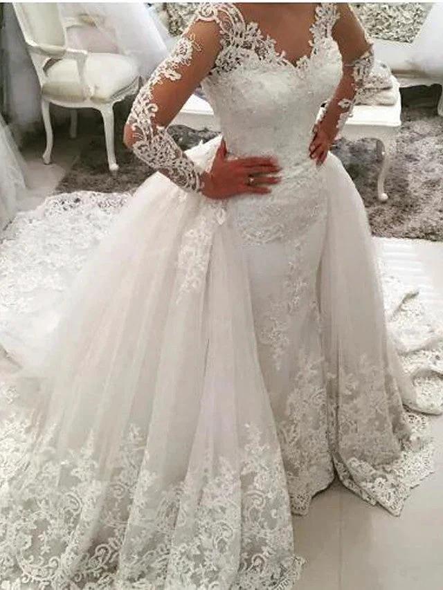 Long Mermaid V Neck Sweep Brush Train Lace Tulle Wedding Dresses with Sleeves (ZD15939) - VelvetHem