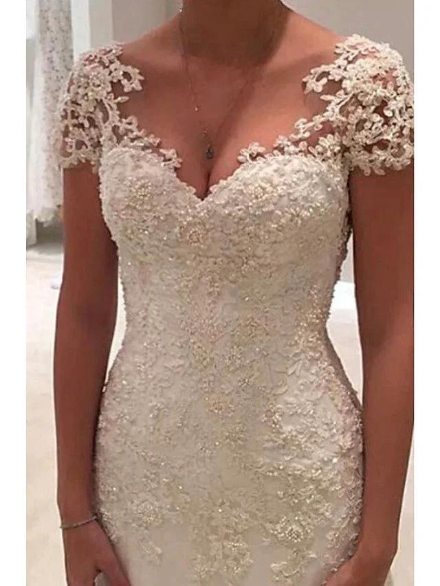 Long Mermaid V Neck Tulle Lace Backless Wedding Dresses with Cap Sleeves (ZD15967)