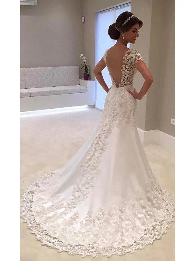 Long Mermaid V Neck Tulle Lace Backless Wedding Dresses with Cap Sleeves (ZD15967) - VelvetHem