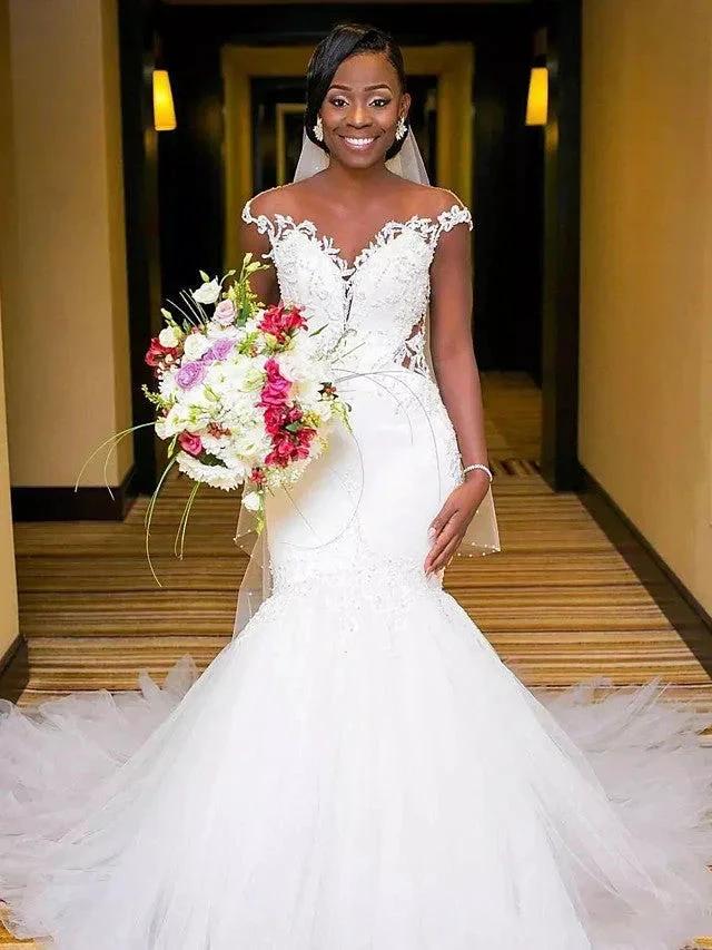 Long Mermaid V Neck Tulle Lace Chapel Train Backless Wedding Dresses (ZD15959) - VelvetHem