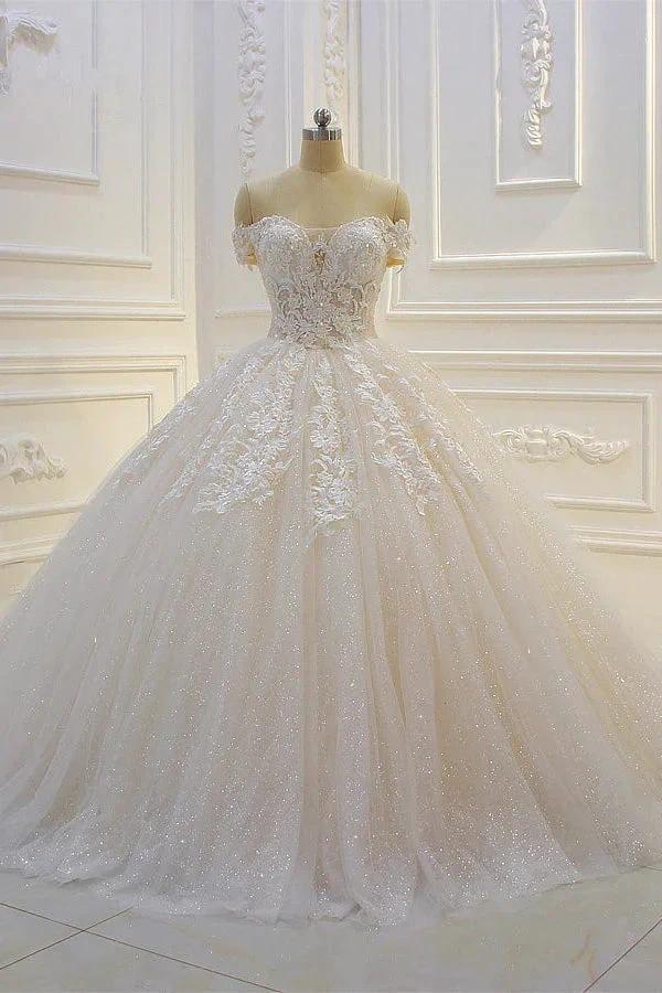 Long Off the Shoulder Sweetheart Ball Gown Sequin Appliques Lace Wedding Dress (ZD15183) - VelvetHem
