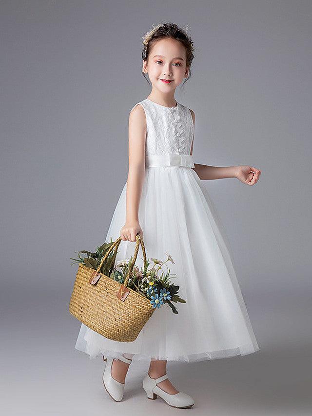 Long Princess Jewel Neck Tulle Wedding First Communion Flower Girl Dresses - VelvetHem