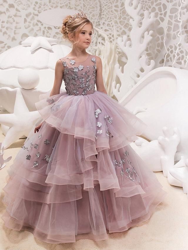 Long Princess Lace Organza Tulle Jewel Neck Maxi Party Birthday Pageant Flower Girl Dresses - VelvetHem