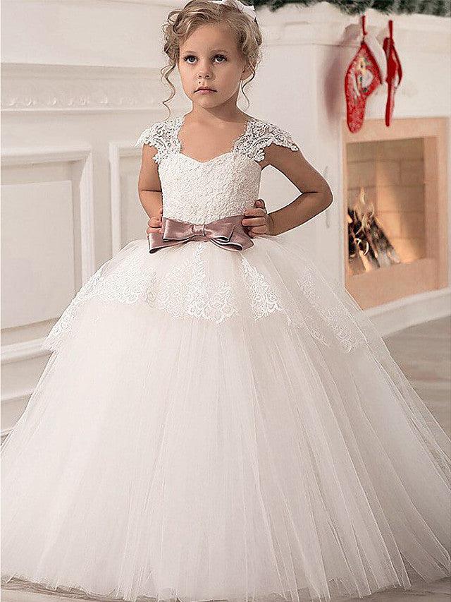 Long Princess Lace Satin Tulle Flower Girl Dresses - VelvetHem