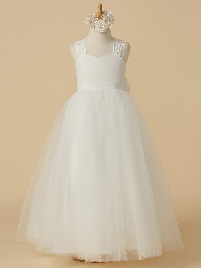 Long Princess Lace Satin Tulle Sleeveless Wedding First Communion Flower Girl Dresses - VelvetHem