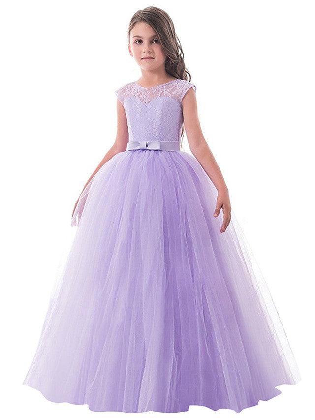 Long Princess Lace Tulle Jewel Neck Party Birthday Pageant Flower Girl Dresses - VelvetHem
