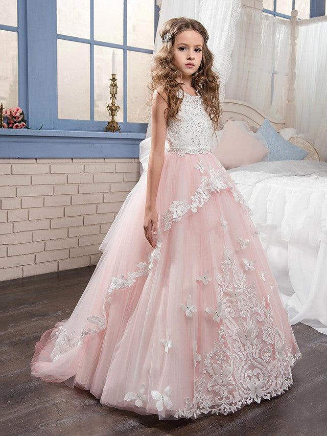 Long Princess Pageant Lace Tulle Sleeveless Jewel Neck Flower Girl Dresses - VelvetHem