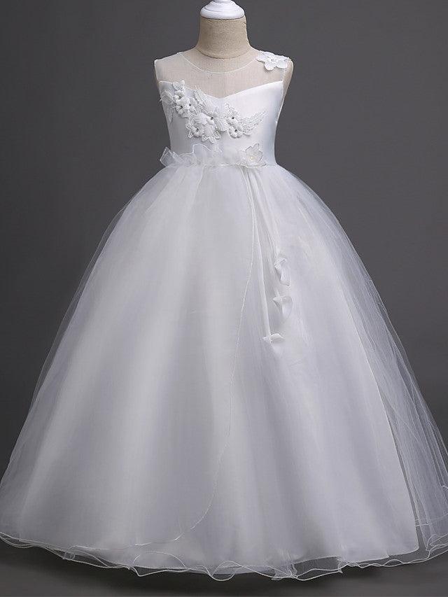 Long Princess Satin Tulle Sleeveless Jewel Neck First Communion Flower Girl D… - photo 1