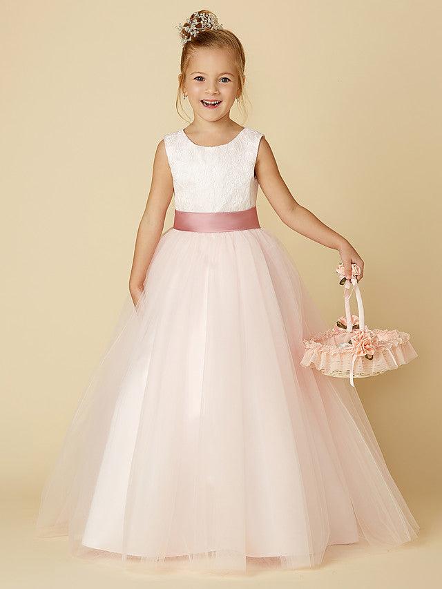 Long Princess Satin Tulle Wedding Birthday Pageant Flower Girl Dresses - VelvetHem
