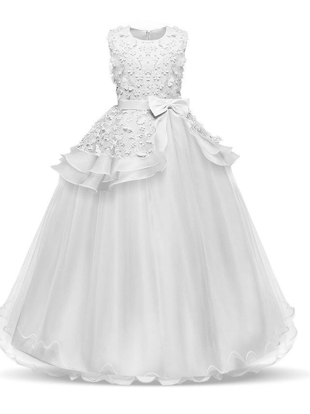 Long Princess Satin Tulle Wedding First Communion Flower Girl Dresses - VelvetHem