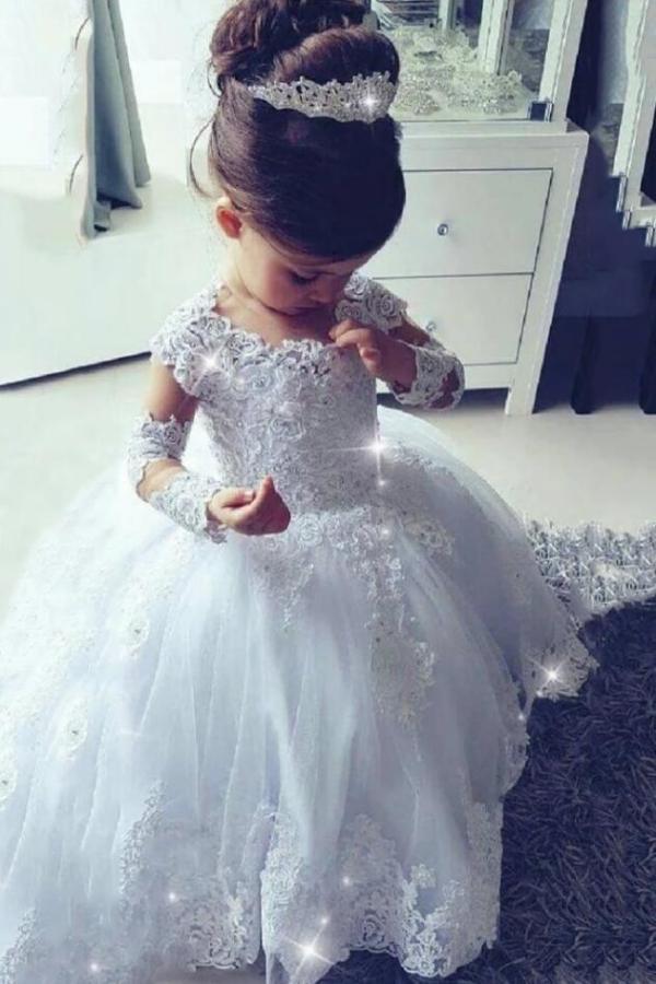 Long Princess Tulle Lace Scoop Neck flower girl dresses with Sleeves - VelvetHem