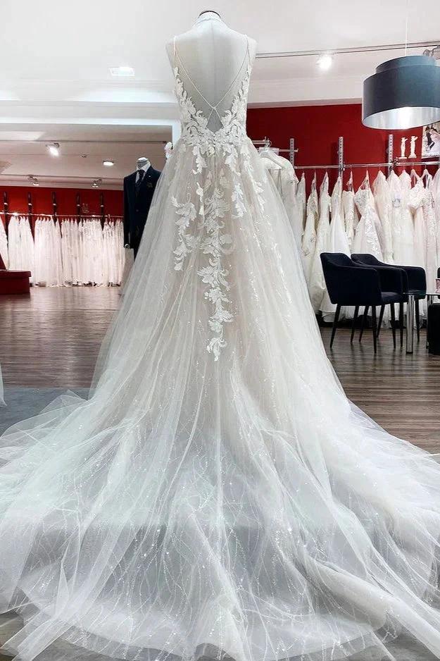 Long Princess Tulle V Neck Sequins Lace Appliques Wedding Dress (ZD14284)