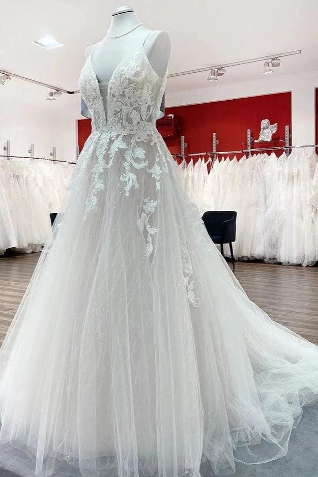Long Princess Tulle V Neck Sequins Lace Appliques Wedding Dress (ZD14284)