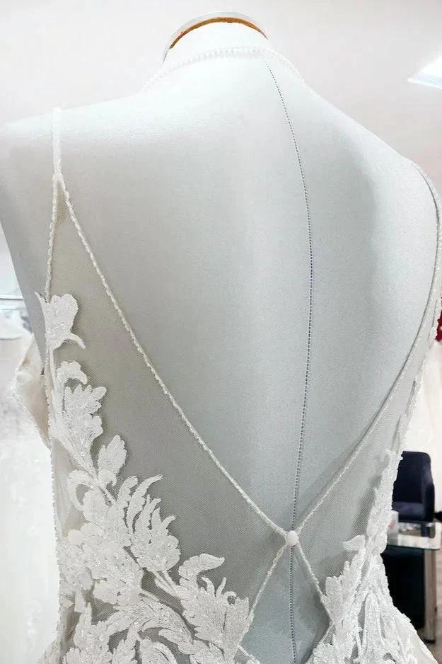 Long Princess Tulle V Neck Sequins Lace Appliques Wedding Dress (ZD14284)