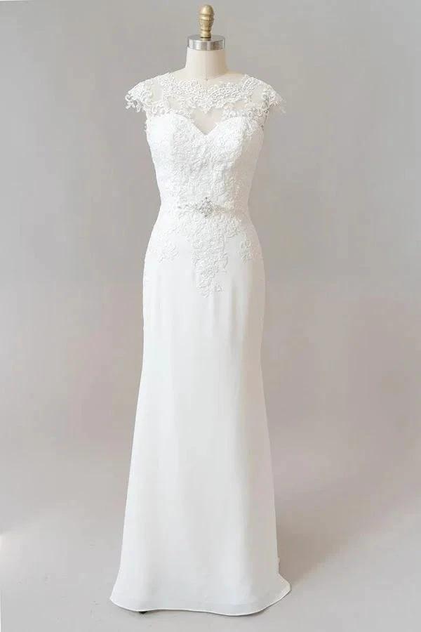 Long Sheath Illusion Lace Wedding Dress with Cap Sleeve (ZD14379)