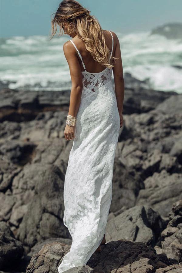 Long Sheath Spaghetti Straps Lace Beach Wedding Dresses (ZD16375) - VelvetHem