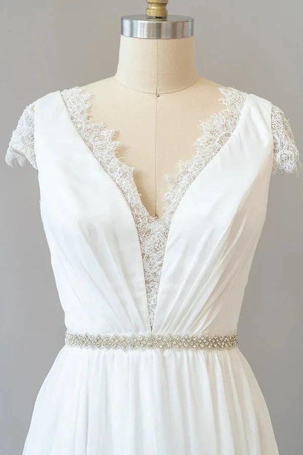 Long Sheath V-neck Lace Chiffon Wedding Dress with Cap Sleeves (ZD14382)
