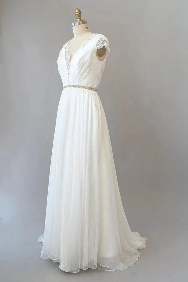Long Sheath V-neck Lace Chiffon Wedding Dress with Cap Sleeves (ZD14382) - VelvetHem