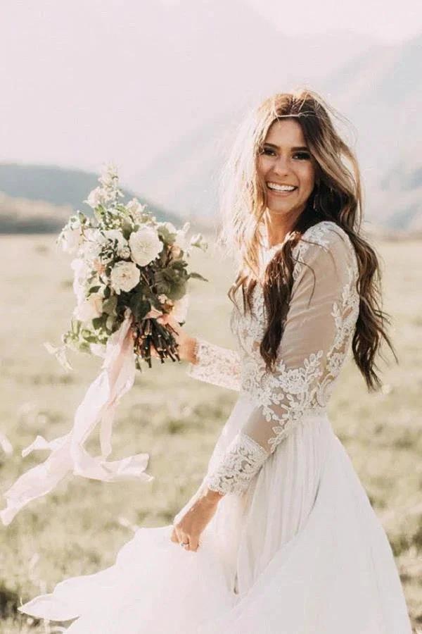 Long Sleeve A-line Appliques Lace Chiffon Wedding Dress (ZD14451)