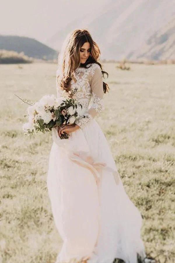 Long Sleeve A-line Appliques Lace Chiffon Wedding Dress (ZD14451) - VelvetHem