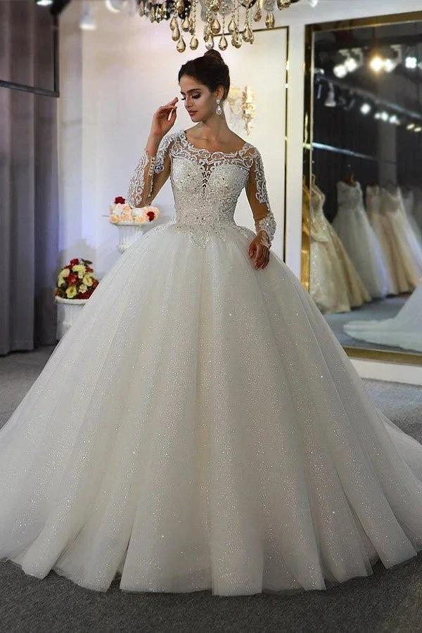 Long Sleeve A-Line Bateau Appliques Lace Sequins Wedding Dress (ZD15098)