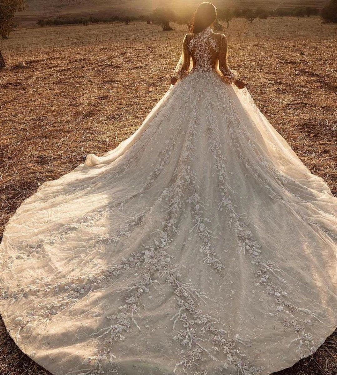 Long Sleeve A-Line High-neck Appliques Lace Tulle Wedding Dress (ZD15073)