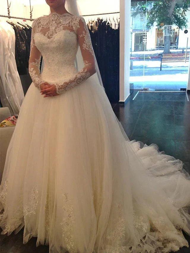 Long Sleeve A-Line Jewel Neck Court Train Lace Tulle Wedding Dresses (ZD15949) - VelvetHem