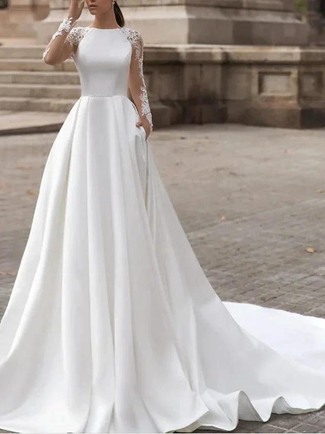 Long Sleeve A-Line Jewel Neck Sweep Brush Train Lace Satin Wedding Dresses with Pockets (ZD15953) - VelvetHem