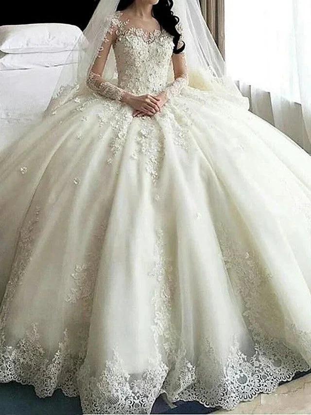 Long Sleeve A-Line Scoop Neck Court Train Organza Wedding Dresses (ZD15946) - VelvetHem