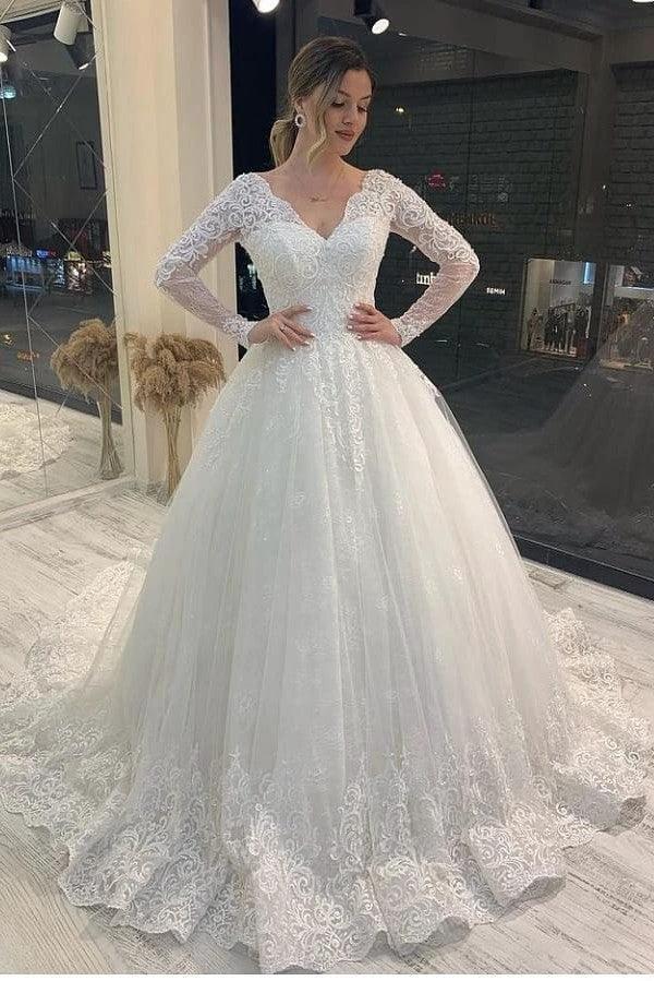 Long Sleeve A-Line V-neck Appliques Lace Backless Tulle Wedding Dress (ZD15071) - VelvetHem