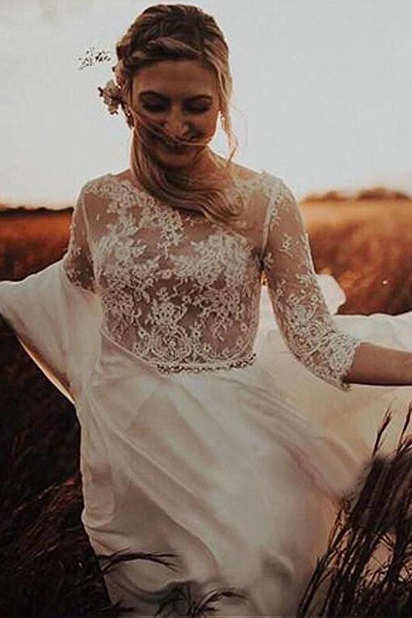 Long Sleeve Bateau See-through Bodice A-line Wedding Dress (ZD15337) - VelvetHem