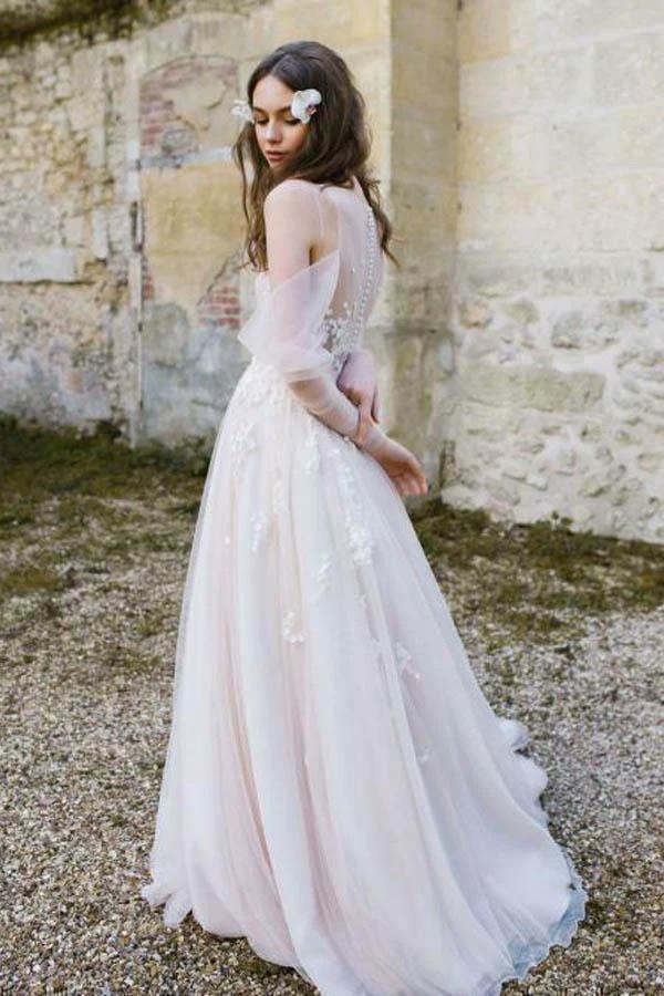 Long Sleeve Beach Wedding Dresses Cold Shoulder Boho Rustic Wedding Dress (ZD15314) - VelvetHem