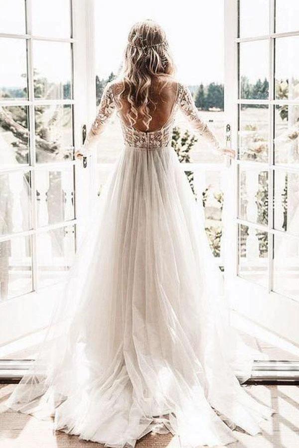 Long Sleeve Ivory Tulle See Through Backless Wedding Dresses (ZD16312) - VelvetHem