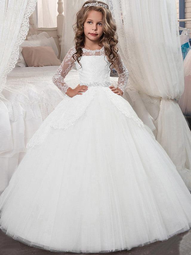 Long Sleeve Princess Tulle Jewel Neck Christmas Birthday First Communion Flower Girl Dresses - VelvetHem
