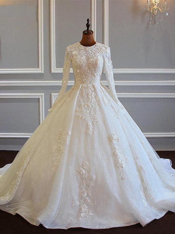 Long Sleeved Ball Gown Satin Wedding Dresses With Lace Flowers (ZD15884) - VelvetHem