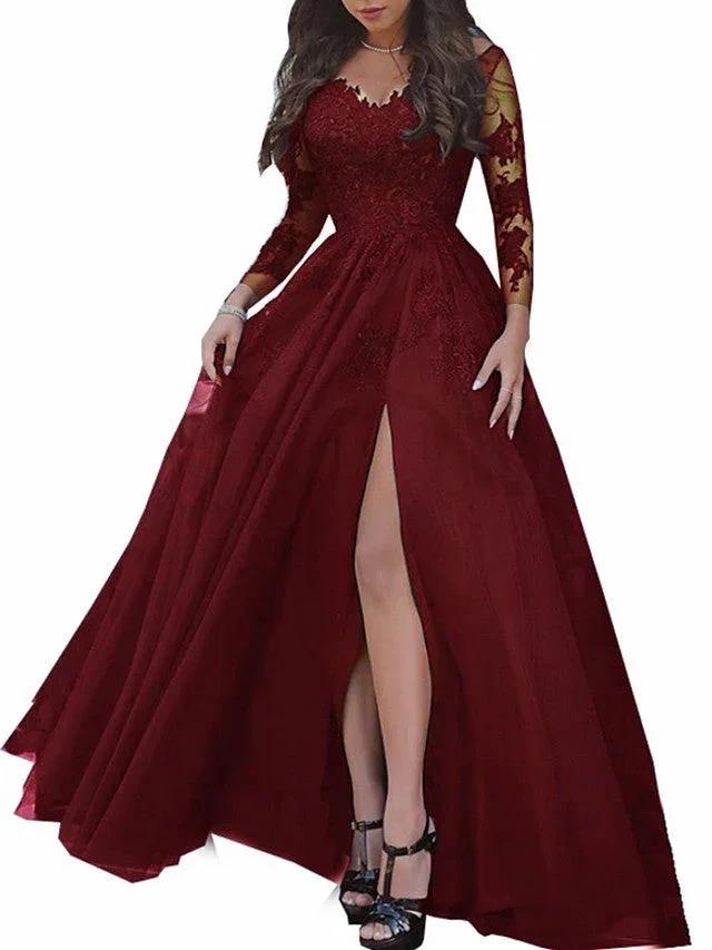Long Sleeves A-Line Bateau Neck Sweep Brush Train Lace Prom Dresses with Slit (ZD15931)