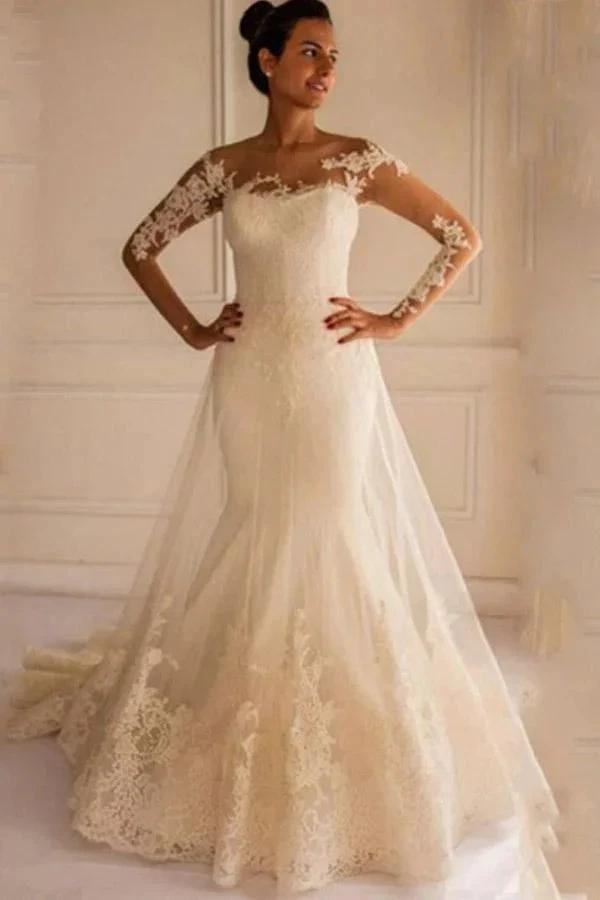 Long Sleeves Appliques Button Floor-Length Mermaid Wedding Dress (ZD15453) - VelvetHem