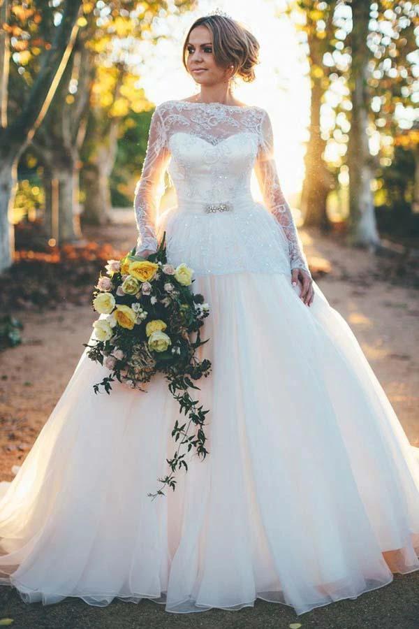 Long Sleeves Ball Gown Organza Wedding Dress with Beading Lace Top (ZD15452) - VelvetHem