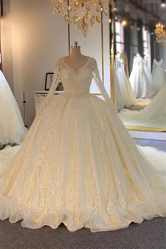 Long Sleeves Ball Gown Wedding Dress With Lace Appliques (ZD17502)