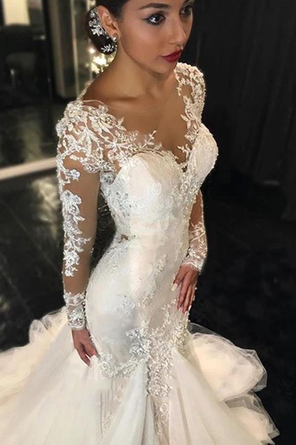 Long Sleeves Court Train Ivory Wedding Dress With Lace Appliques (ZD16306)