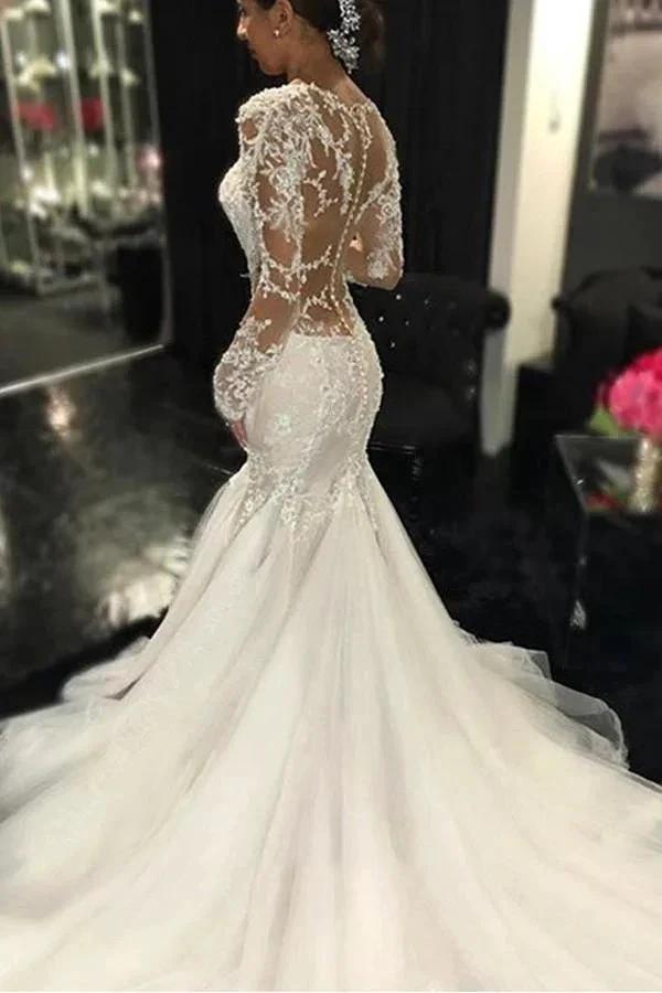 Long Sleeves Court Train Ivory Wedding Dress With Lace Appliques (ZD16306)