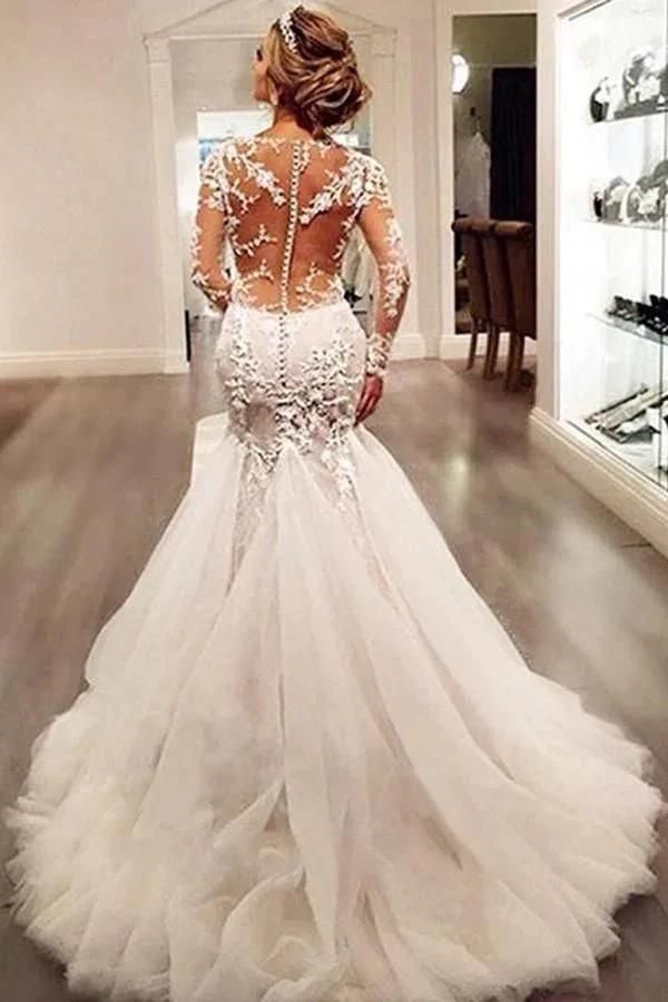 Long Sleeves Court Train Ivory Wedding Dress With Lace Appliques (ZD16306)