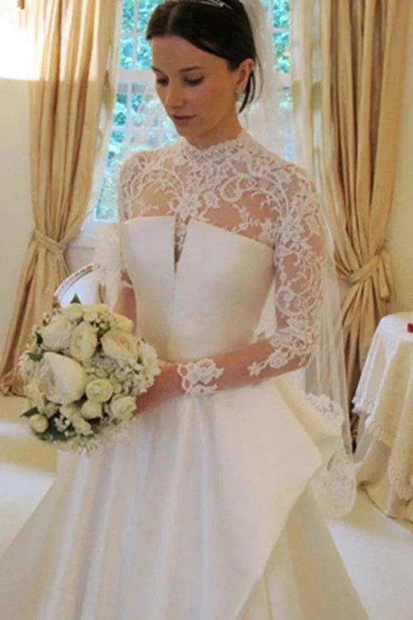 Long Sleeves High Neck Lace Court Train Satin Wedding Dress (ZD15451)