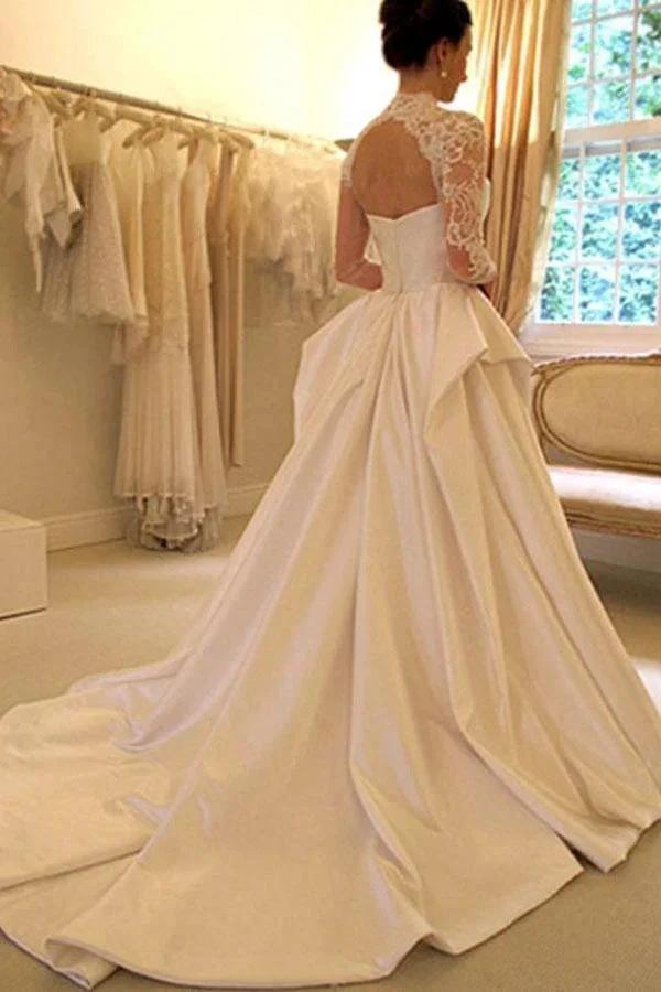 Long Sleeves High Neck Lace Court Train Satin Wedding Dress (ZD15451)