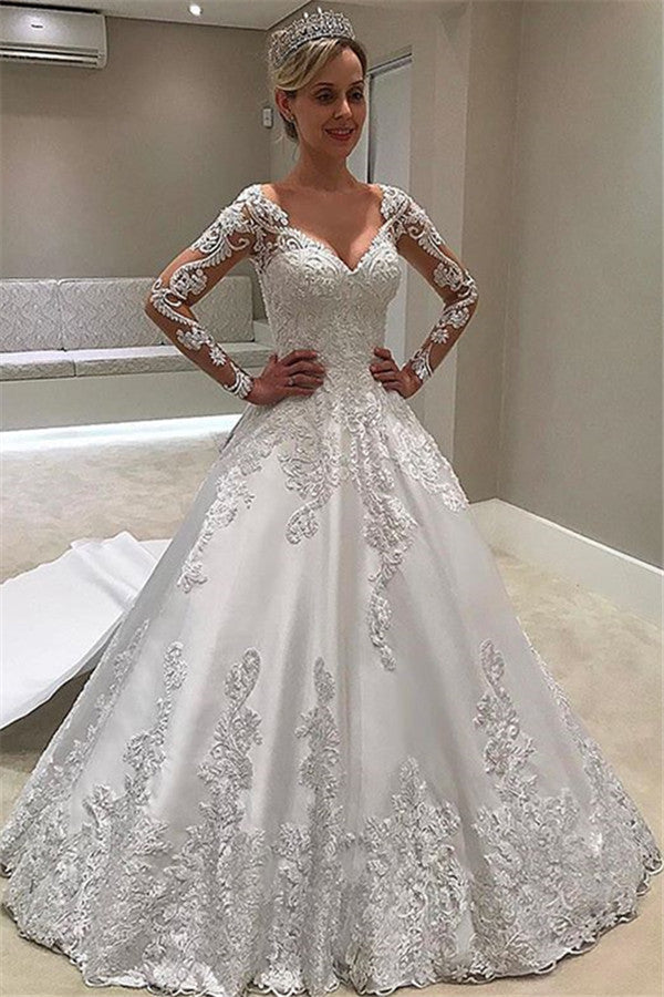 Long Sleeves Lace Appliques Wedding Dress A-Line Bridal Gowns (ZD17533) - VelvetHem