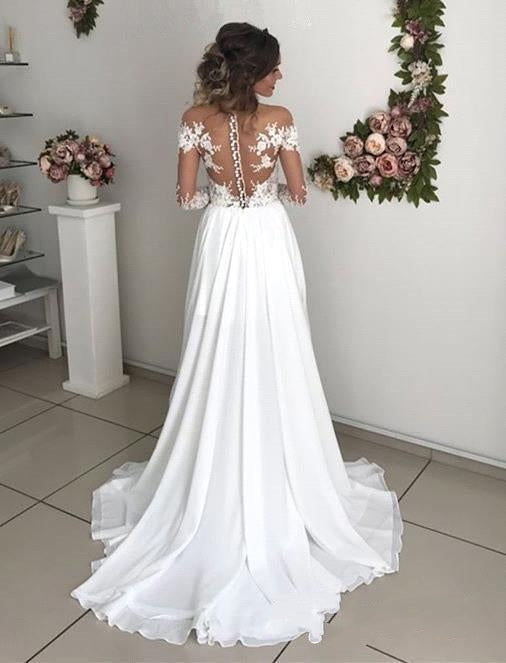Long Sleeves Lace Beach Wedding Dress With Split Chiffon Bridal Gowns (ZD17508)
