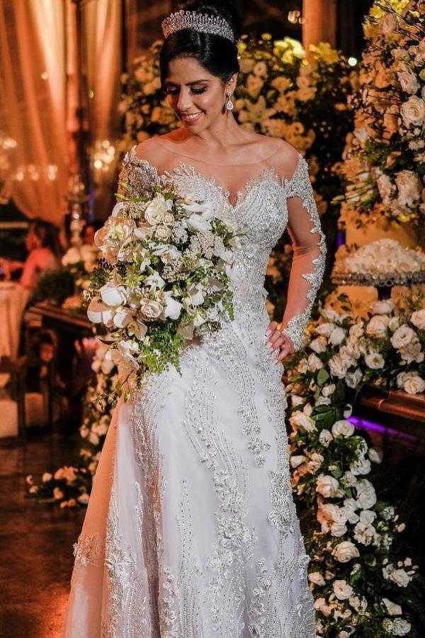 Long Sleeves Mermaid Off-the-shoulder Tulle Wedding Dress with Appliques Lace (ZD15012) - VelvetHem