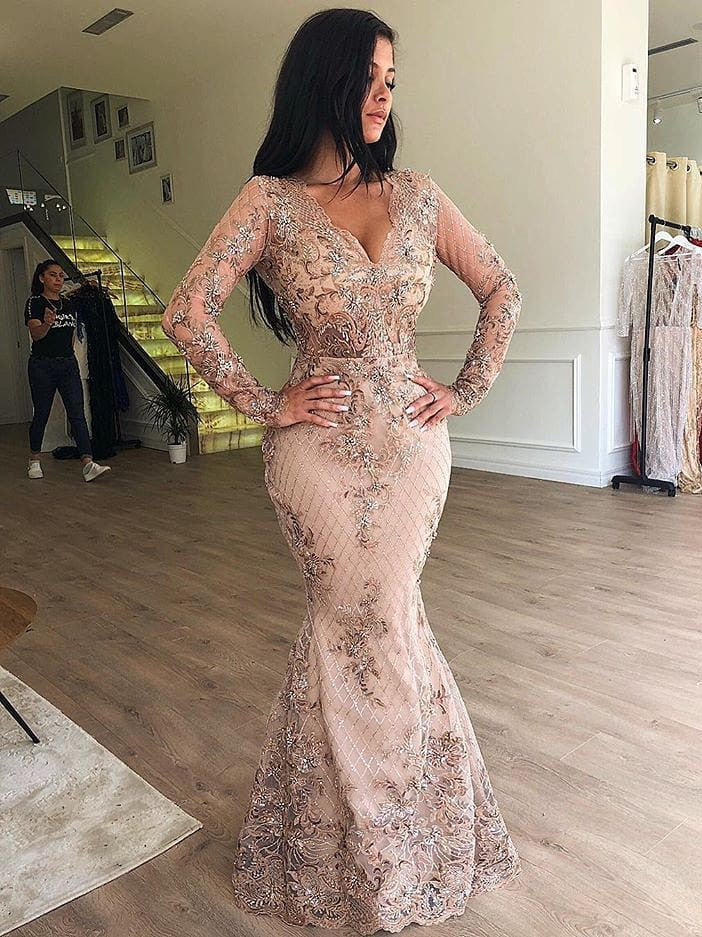 Long Sleeves Mermaid V-neck Appliqued Prom Dresses with Detachable Skirt