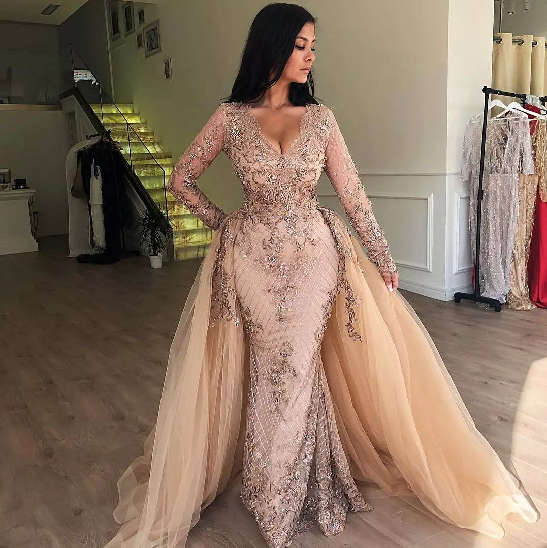 Long Sleeves Mermaid V-neck Appliqued Prom Dresses with Detachable Skirt - VelvetHem