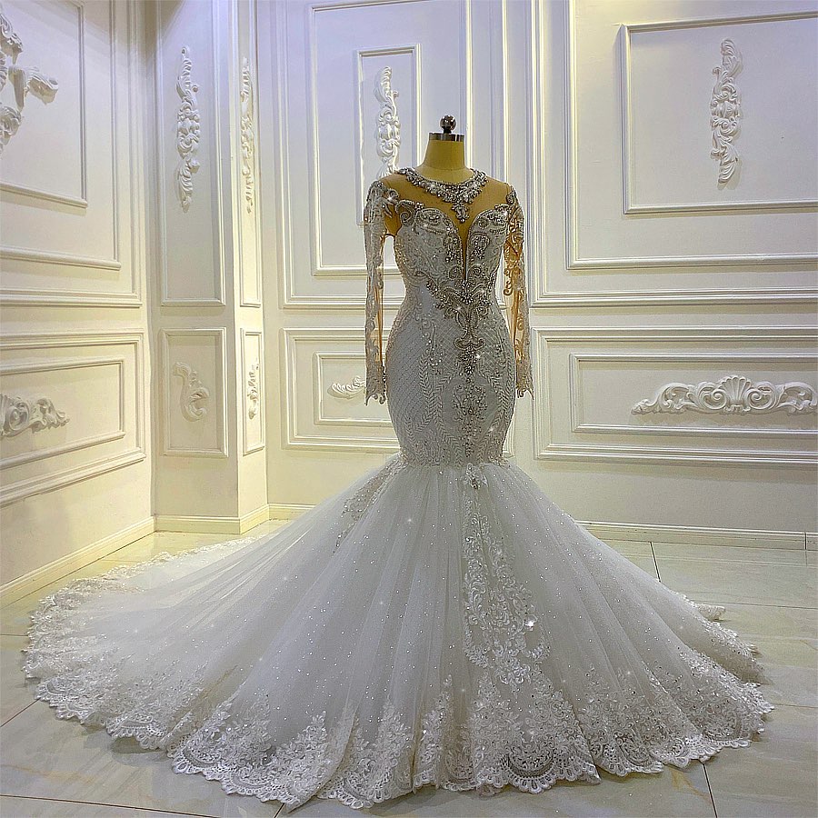 Long Sleeves Mermaid Wedding Dress Lace Bridal Gowns With Crystal (ZD17513)
